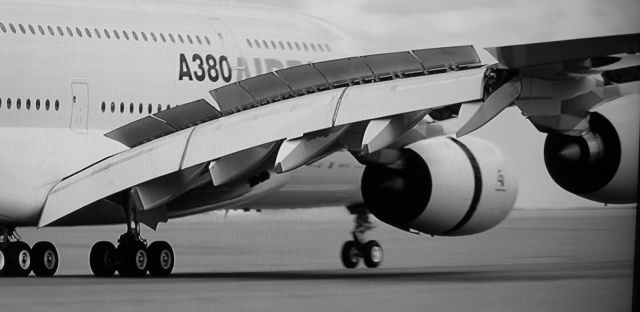 Airbus A380 flight control surfaces during landing.